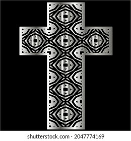 cross with black and white patterns on a black background. 