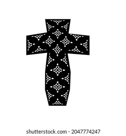 cross with black and white patterns on a white background. 