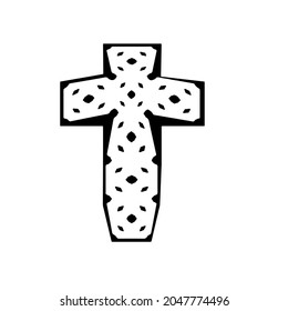 cross with black and white patterns on a white background. 