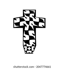 cross with black and white patterns on a white background. 