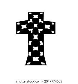 cross with black and white patterns on a white background. 