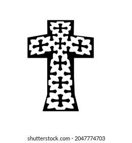 cross with black and white patterns on a white background. 