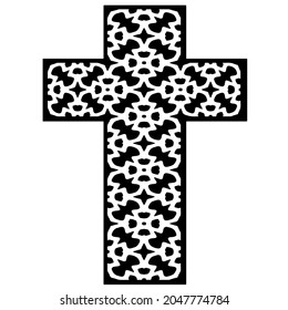 
cruza con motivos en blanco y negro sobre un fondo blanco. 
