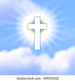 Cross in blue cloudy heaven. The symbol of Christ's resurrection. Happy Easter background for Orthodox Christian Church