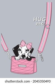 Cross body bag with cute Dalmatian puppy dog face whith big bow. Print for girls dress. Vector illustration.