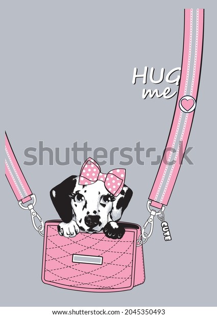 Cross body bag with\
cute Dalmatian puppy dog face whith big bow. Print for girls dress.\
Vector illustration.