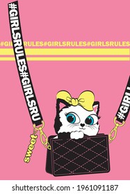 Cross body bag with cute kitten face whith big bow on pink background. Print for girls dress. Vector illustration.