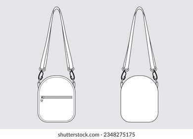 Cross body bag vector template isolated on white. Apparel models sketch set. Outline for fashion clothes design. Front and back view.