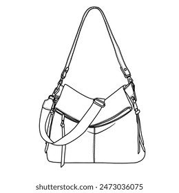 Cross body Bags for Women Handbags Tote Purse Shoulder Bag Women's Handle Bags with Wide Strap  Line art, outline vector doodle illustration front view, isolated on white background