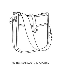 Cross body Bags for Women Hobo Purses Shoulder Bucket Handbags Line art, outline vector doodle illustration front view, isolated on white background