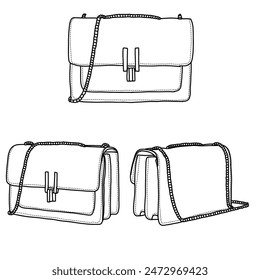 Cross body Bags for Women Purses Handbags Shoulder Bag Line art, Suitable for your custom women handbags design, outline vector doodle illustration front and rear view, isolated on white background