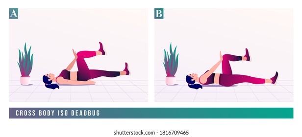 Cross Body ISO Dead bug exercise, Women workout fitness, aerobic and exercises. Vector Illustration.	