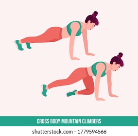 Cross Body Mountain Climbers Exercise, Woman Workout Fitness, Aerobic And Exercises. Vector Illustration.