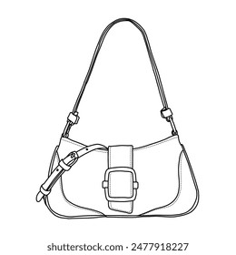 Cross body Shoulder Bag for Women Hobo Tote Handbag Mini Clutch Purse Line art, outline vector doodle illustration front view, isolated on white background