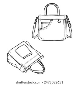 Cross body Shoulder Denim Purses and Handbags for Women Line art, outline vector doodle illustration front and isometric view, isolated on white background