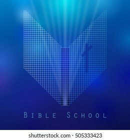 Cross and book blue logotype concept. Open book, pixels. Logo idea. E-book or e-bible icon, religious symbol. Cut out brand sign. Isolated abstract graphic web design template. The word of God symbol.