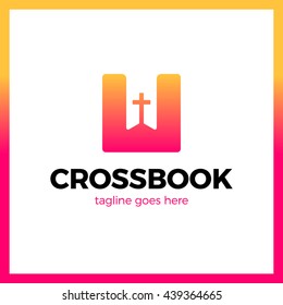 Cross Bookmark Logo. Bible Book Logotype. Simple Church Logos Orange gradient