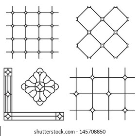 Cross, border and abstract seamless ornament, a set of classic stained glass window / vintage window design silhouettes, vector