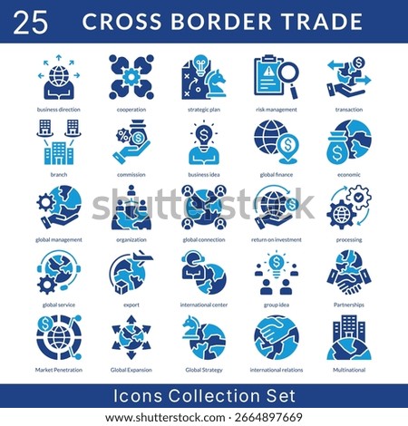 Cross Border Trade icon set collection in solid glyph style. an icon pack contain cooperation, strategic plan, risk management, transaction, branch, commission, business idea, global finance, economic