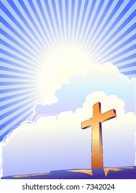 Cross and bright light over a sunburst sky.