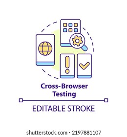 Cross browser testing concept icon. Different browsers. Mobile first design testing abstract idea thin line illustration. Isolated outline drawing. Editable stroke. Arial, Myriad Pro-Bold fonts used