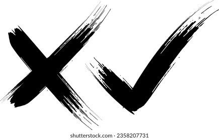 trazo de pincel cruzado, signo de interrogación, vector de pincel de grunge con mano, pregunta, marca de verificación cruzada de marca de graduación y rechazo, consulta, signos de símbolo x y ok, encuesta.