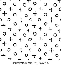 Cross brush strokes with circles seamless pattern. X black sign ornament. Vector graphic symbols. Abstract background with textures grunge strokes. Hipster monochrome texture with crosses or pluses.