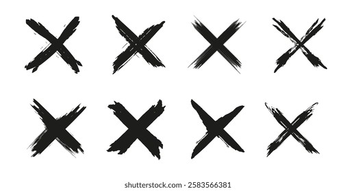 Cross brush strokes set. Grunge hand drawn strokes x sign. Wrong symbol NO