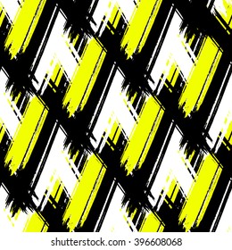 Cross brushstrokes seamless bold pattern. Abstract vector texture. Hand painted. Black, yellow, white colors. Fashion fabric background