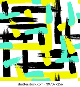 Cross brushstrokes seamless bold pattern. Abstract geometric vector texture. Hand painted. Black, yellow, blue colors. Fashion fabric background