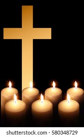 cross of burning candle on black background