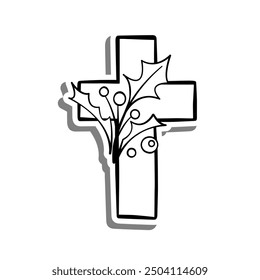 Cross with Burry Leaves Outline on white silhouette and gray shadow. Hand drawn cartoon style. Vector illustration for decorate and any design.