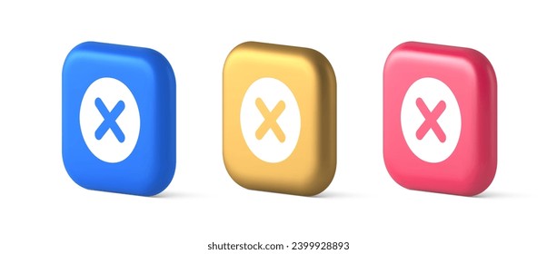 Cross button cancel reject decline negative forbidden fail 3d realistic blue gold and pink icons. Decayed deny remove ban wrong designator user interface panel application