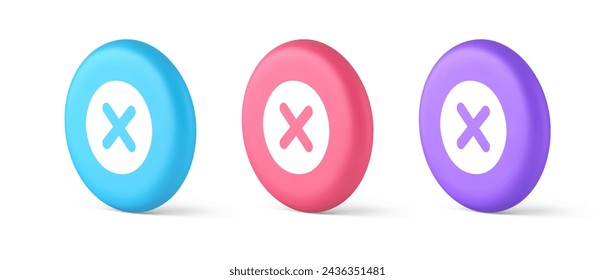 Cross button cancel reject decline negative forbidden fail 3d realistic blue pink and purple icons. Decayed deny remove ban wrong designator user interface panel application