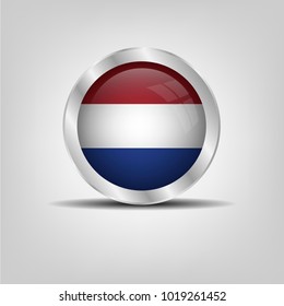 Cross button, Netherlands icon silver glossy badge button with Netherlands flag. vector EPS 10 illustration on white background.chrome button