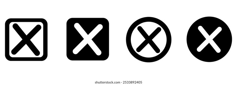 cross button. a series of black and white crossed boxes with a no sign. vector symbol on a transparent background.