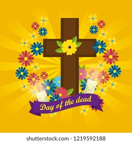 cross with candles and flowers to day of the dead