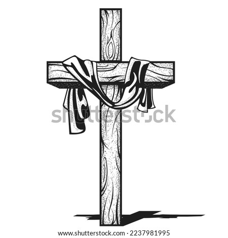 Cross with canvas, crucifix with hanging down fabric, resurrection after crucifixion of Jesus, christianity symbol, vector