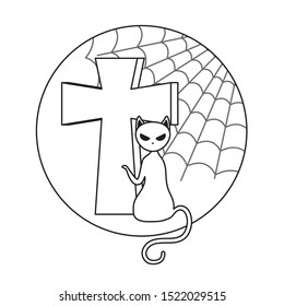 cross and cat over spiderweb background, vector illustration design