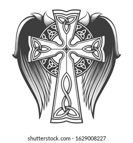 Cross in celtic style with big wings tattoo in engraving style. Vector illustration.