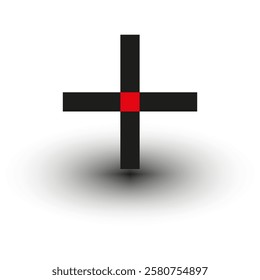 Cross with center. Red and black contrast. Geometric cross design. Abstract vector symbol.