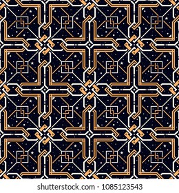 Cross of Changes. Seamless pattern with stars and golden lattice in esoteric style. Alchemy, space, spirituality, mysticism.