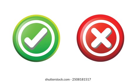 Cross and check mark 3D style symbol set, vector cross, illustration of chcek mark