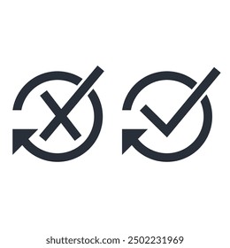 Cruz y una marca de verificación. Aprobado, rechazado, verdadero, falso. Examen, verificación. Icono lineal de Vector aislado sobre fondo blanco.