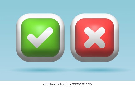 Cross and check mark concept. 3D button right and wrong. Cross and check mark symbol set. Yes or no check mark cross symbol design. Yes or no button design. 