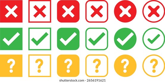 Ausrufezeichen des Häkchens kreuzen. Kontrollkästchen-Symbol mit rechten und falschen Knöpfen. Ja oder Nein Markierungssymbole. Testfrage. Fragesymbol.