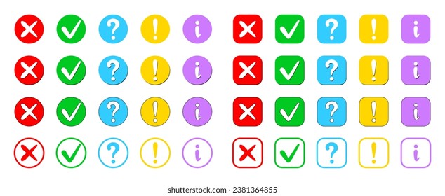 Cross, check mark, exclamation point, question sign and information. Rounds and rounded squares. Red, yellow, blue, green and purple icons. Yes, maybe, no, FAQ concept. More info sign.