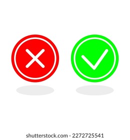Cruce, marque la marca en círculo verde y rojo. Buenos símbolos malos. Ilustración vectorial.