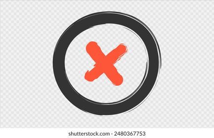 Cross Check Mark Hand Drawn Icon.Ink brush Doodle x mark for list items, checkbox.No sign isolated on a transparent background.Vector illustration EPS10