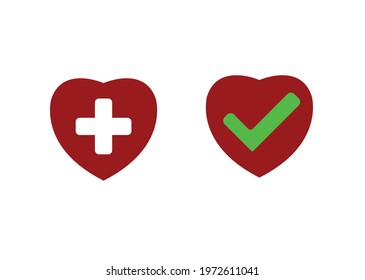 Cross and check mark heart on red heart.
Healthy heart icon.Vectorel design EPS 10.